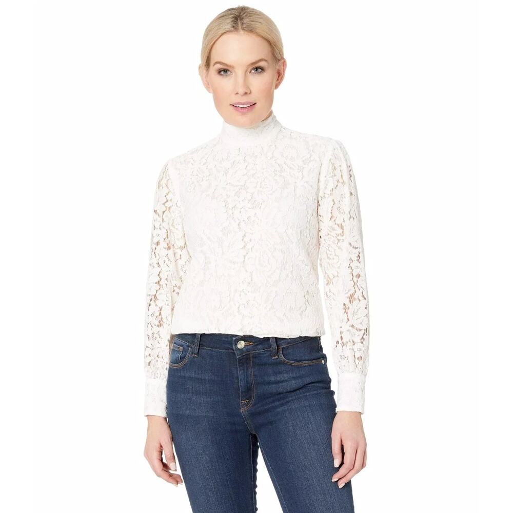 Lauren Ralph Lauren Cream Floral Lace Top Sheer Sleeve Mock Neck Blouse 14  EUC